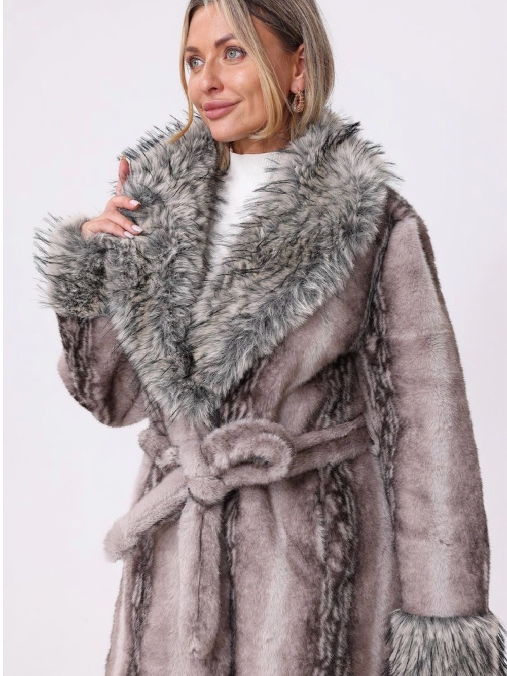 Faux Fur Trim Taupe Belted Coat - Women